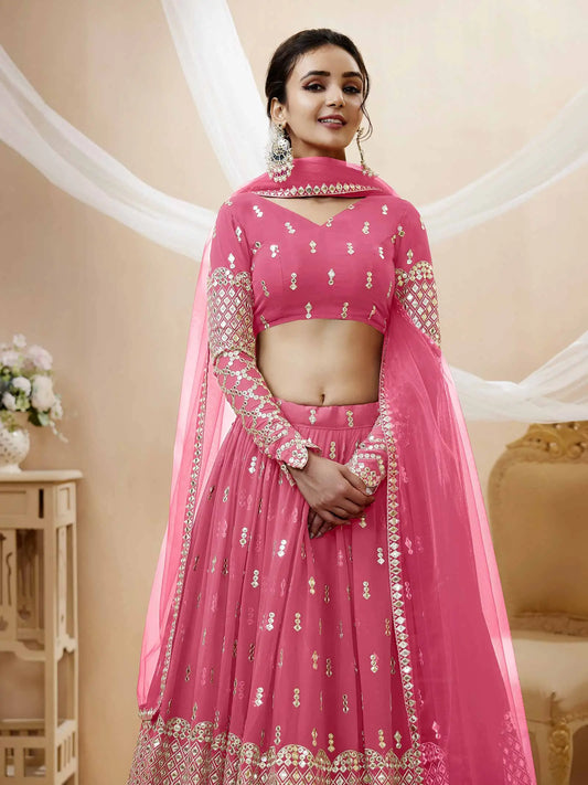 Lehenga rose clair en georgette avec broderie en sequins et zari
