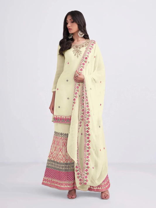 Ensemble Sharara en Georgette Jaune Clair avec Broderie à la Main, Fils Multicolores et Sequins