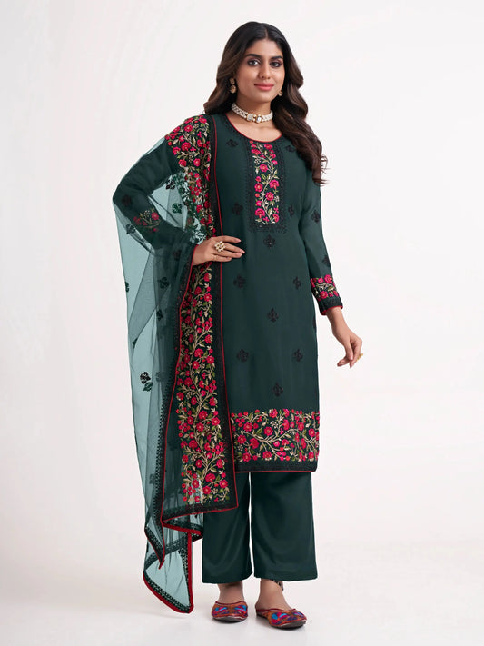 Ensemble Salwar Vert Foncé en Georgette avec Broderie Florale Artisanale à Zari, Sequins et Fils Multicolores
