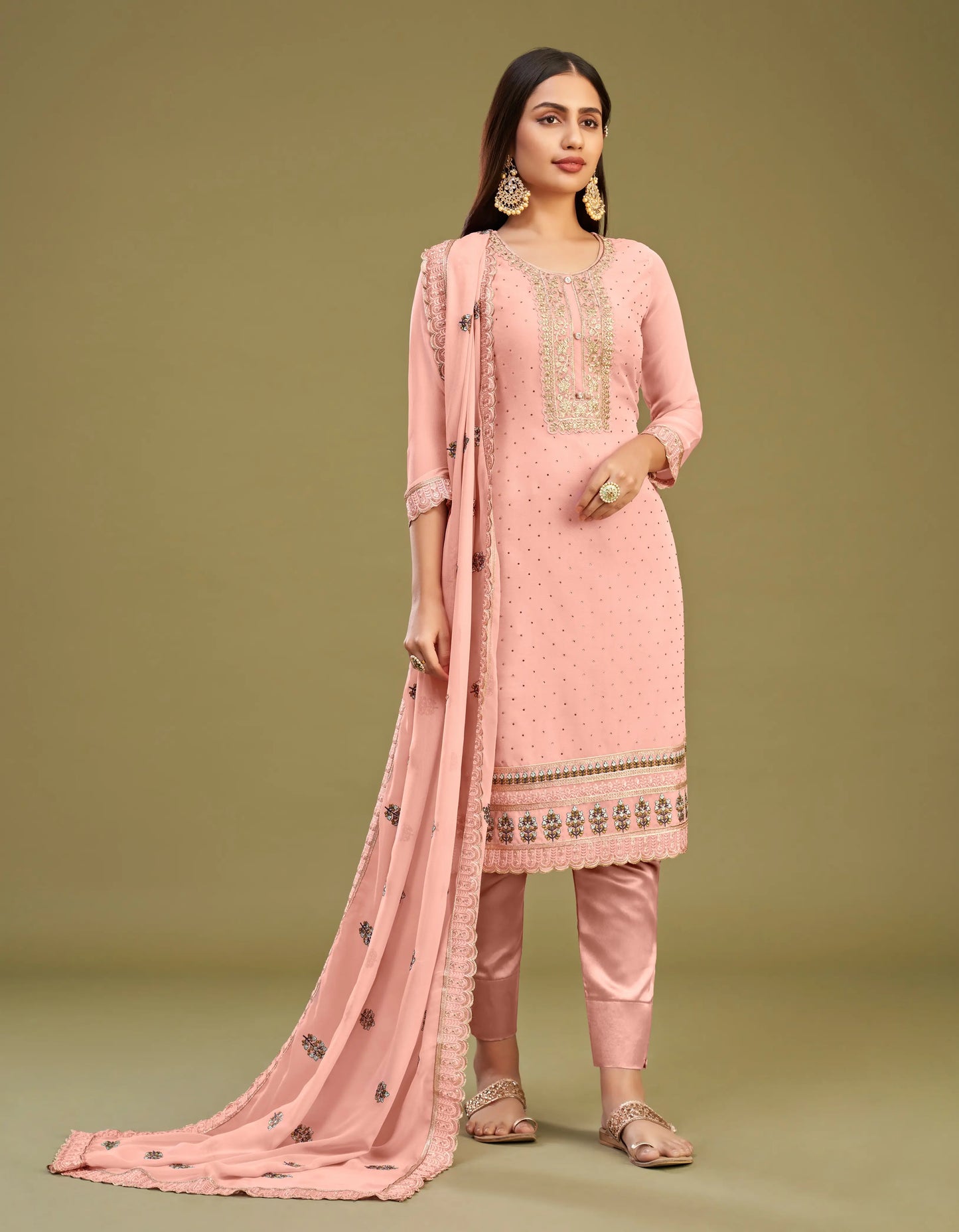 Pfirsichrosa Salwar Kameez | Traditionelles besticktes Kleid | Partykleid mit Kristallen und Perlen