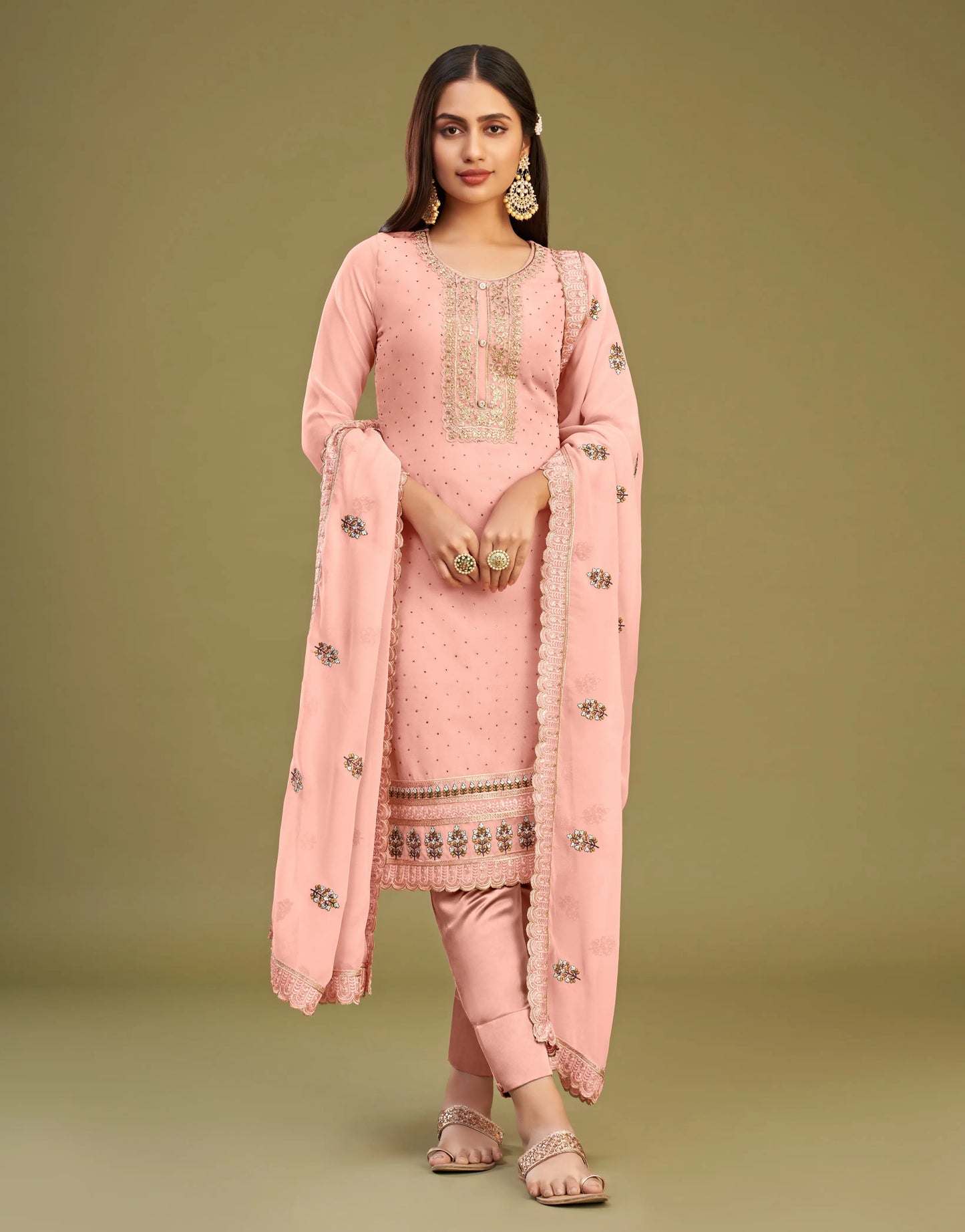 Pfirsichrosa Salwar Kameez | Traditionelles besticktes Kleid | Partykleid mit Kristallen und Perlen