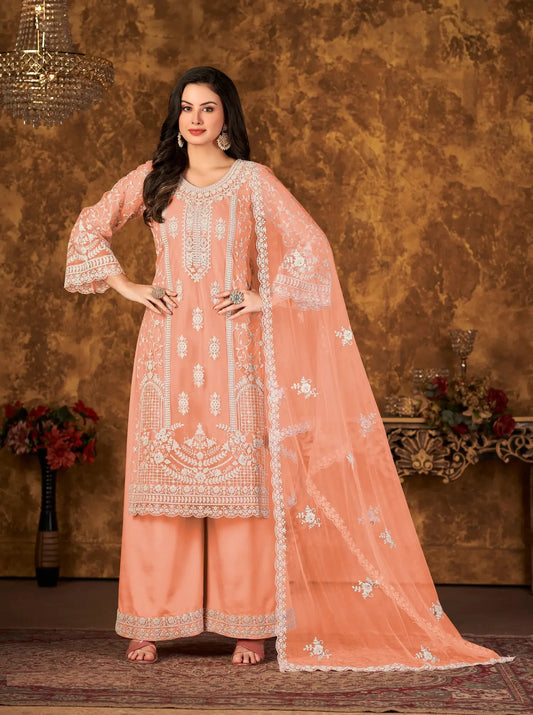 Salwar suit pêche en filet avec broderie au fil et sequins