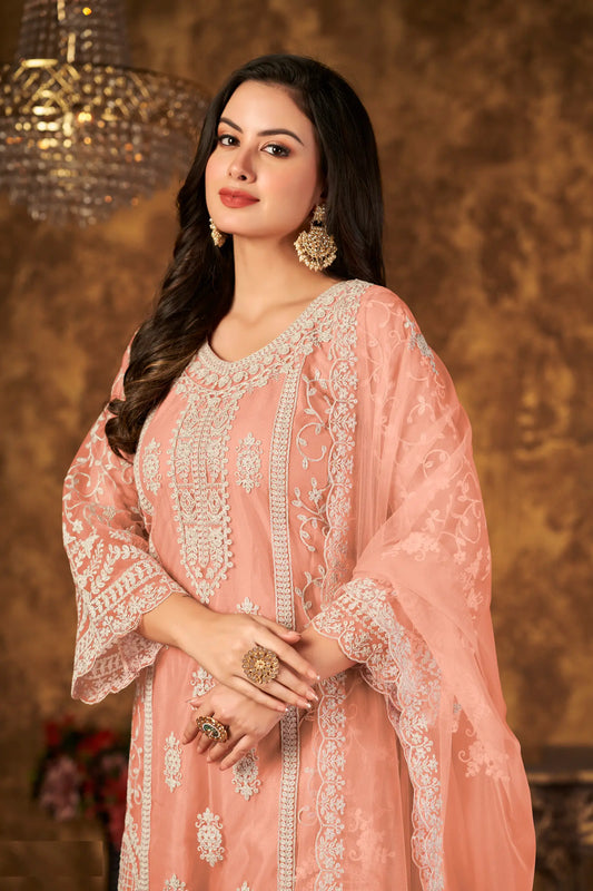 Salwar suit pêche en filet avec broderie au fil et sequins