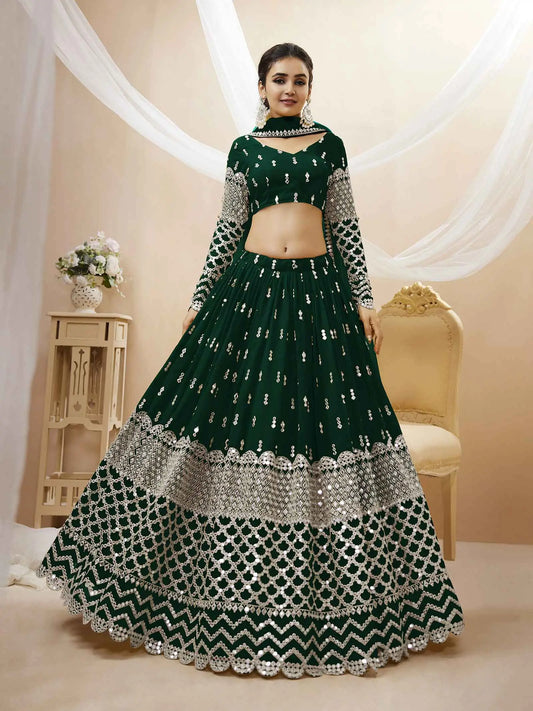 Lehenga Vert en Georgette avec Broderie de Sequins et Dupatta
