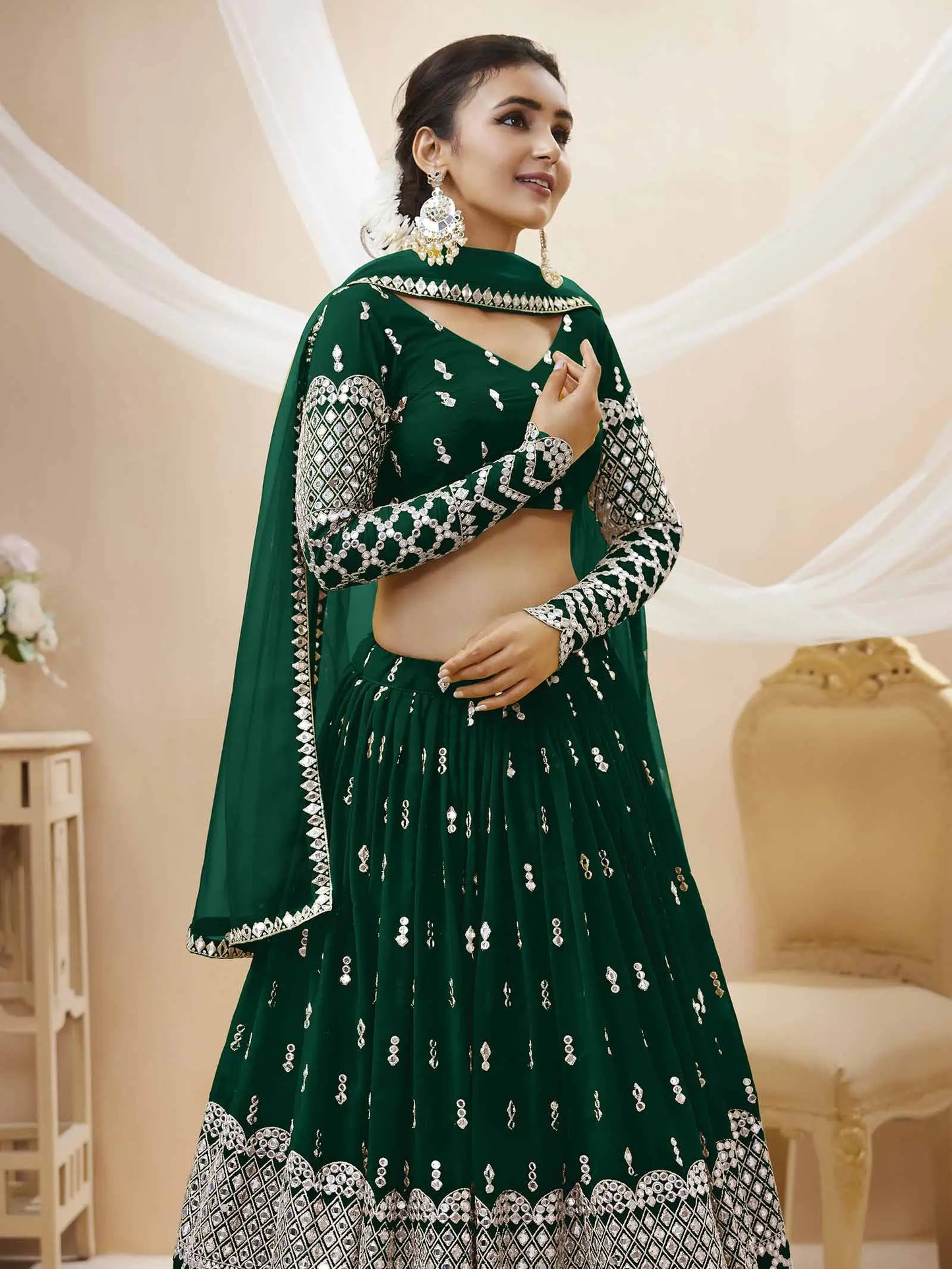 Lehenga Vert en Georgette avec Broderie de Sequins et Dupatta