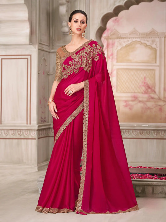 Sari de soirée en soie rouge cerise avec broderie de sequins et fils