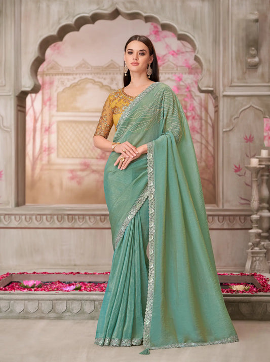 Sari de fête vert pistache en soie avec broderie de sequins et de fils