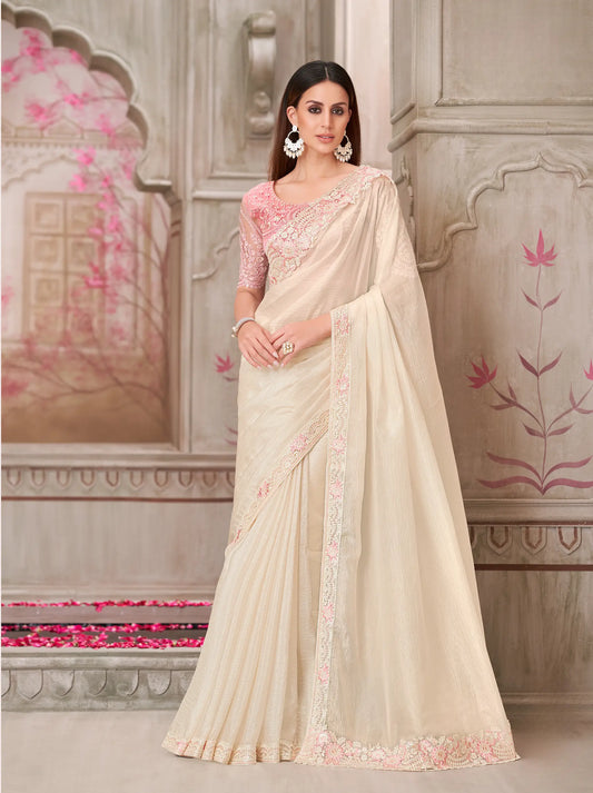 Pearl white silk party sari with sequin and thread embroidery