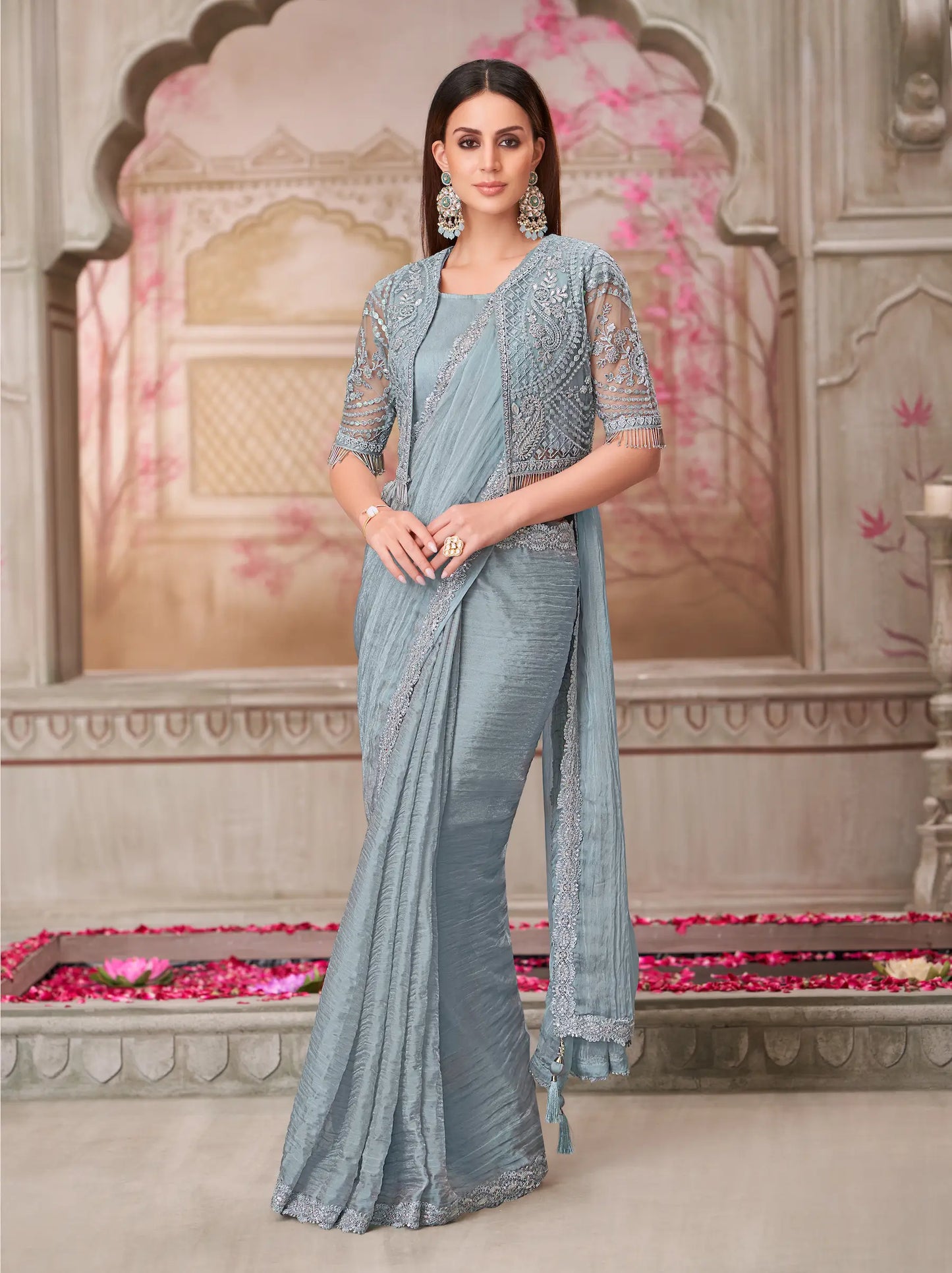 Silver grey georgette evening sari with jacket, adorned with thread embroidery and sequins