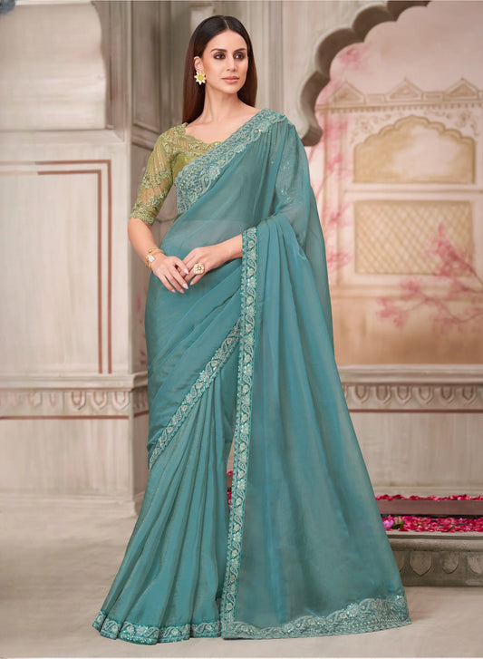 Sky blue silk georgette party sari with thread embroidery and sequins