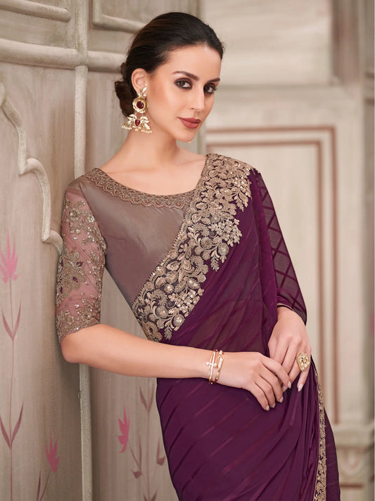 Sari de soirée en georgette violet foncé avec broderie au fil et sequins