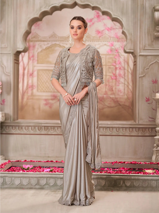 Pearl grey georgette evening sari with thread embroidery and sequins, accompanied by a matching jacket