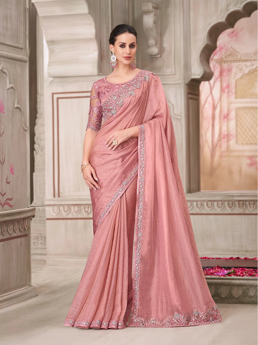 Powder pink satin georgette evening sari with sequin and thread embroidery