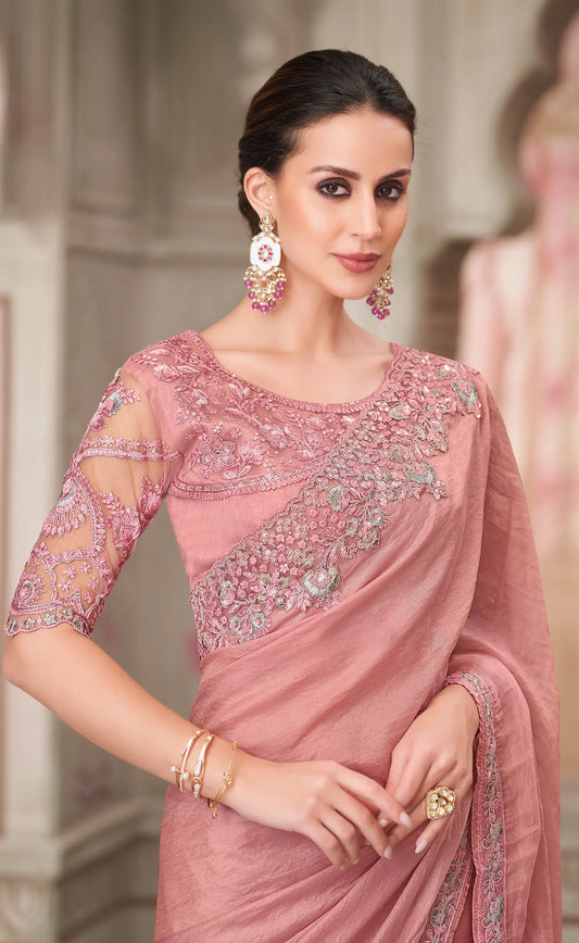 Powder pink satin georgette evening sari with sequin and thread embroidery