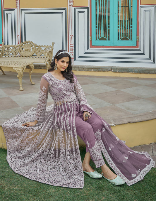 Robe Anarkali violet lilas en santoon avec pierres brillantes avec bas pantalon