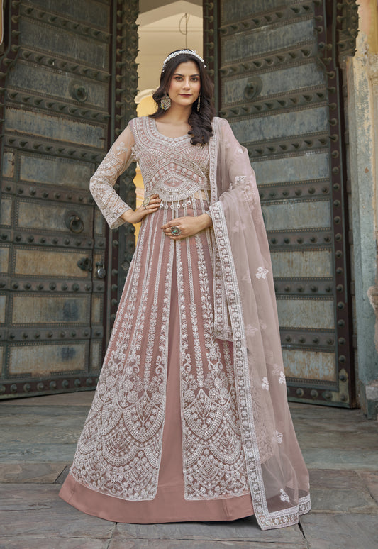 Robe Anarkali rose chair en santoon avec pierres brillantes avec bas jupe