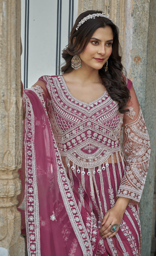 Robe Anarkali rose fuchsia en santoon avec pierres brillantes avec bas jupe