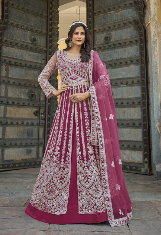 Robe Anarkali rose fuchsia en santoon avec pierres brillantes avec bas jupe