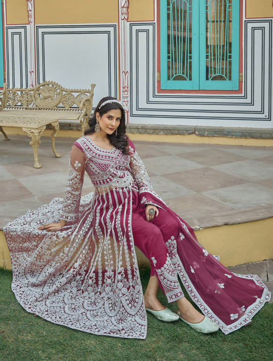 Robe Anarkali rose fuchsia en santoon avec pierres brillantes avec bas pantalon