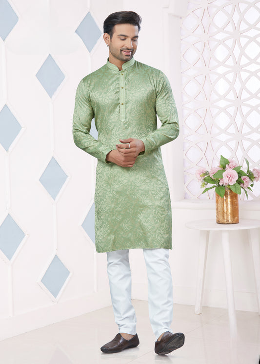 Ensemble Kurta vert pistache avec broderie Pintex en jacquard