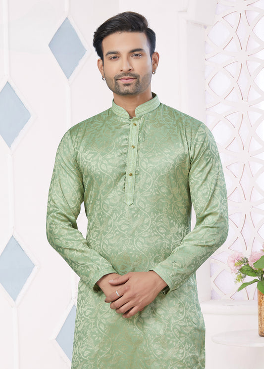Ensemble Kurta vert pistache avec broderie Pintex en jacquard