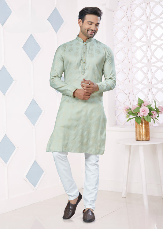 Ensemble Kurta vert menthe avec broderie Pintex en jacquard