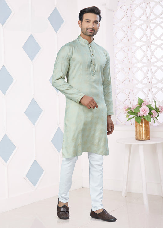 Ensemble Kurta vert menthe avec broderie Pintex en jacquard