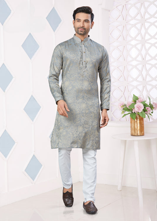 Ensemble Kurta gris clair avec broderie Pintex en jacquard