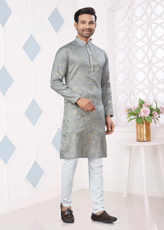 Ensemble Kurta gris clair avec broderie Pintex en jacquard