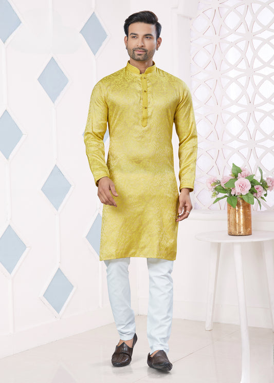 Ensemble Kurta jaune doré avec broderie Pintex en jacquard