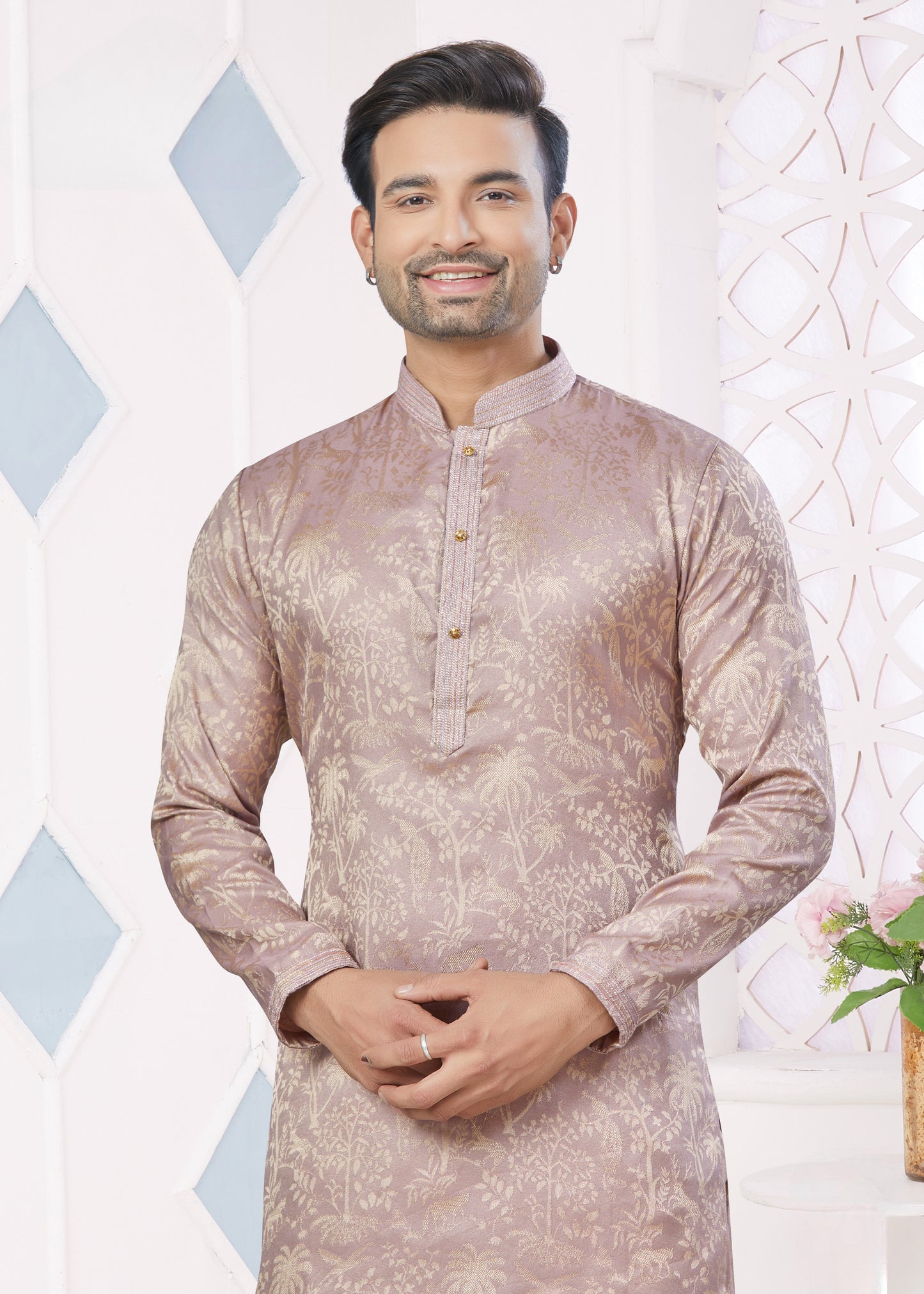 Ensemble Kurta rose gold avec broderie Pintex en jacquard