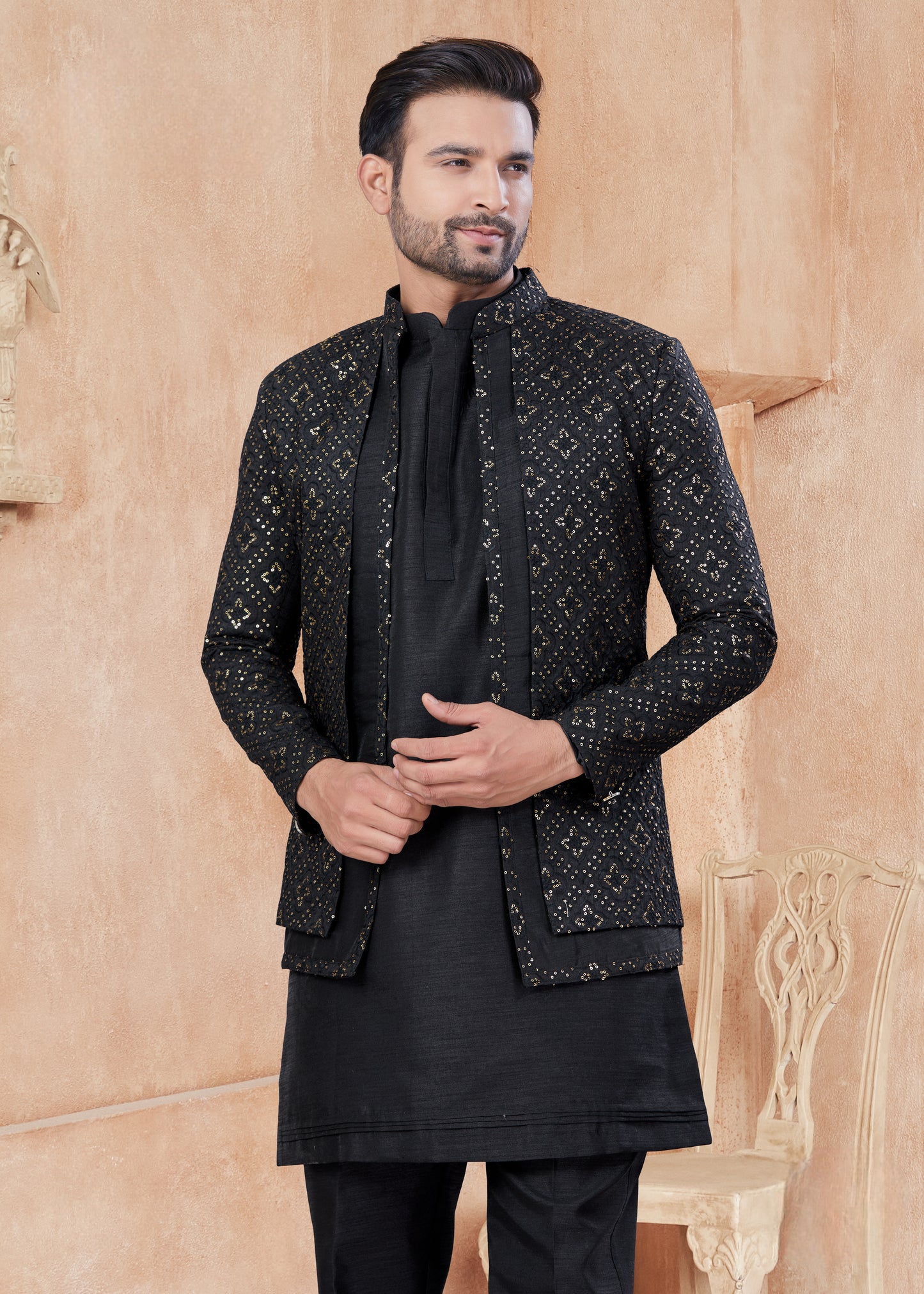 Himmelblaue Baumwoll-Kurta mit Fadenstickerei und Pailletten