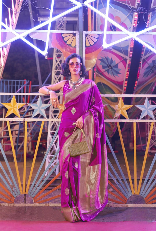 Sari rose en soie tissée à la main avec motifs artisanaux tissés à la main