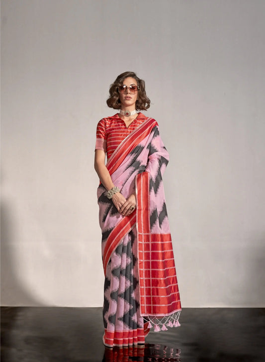 Sari rose en soie tissée à la main Mal Spun (Malmal)