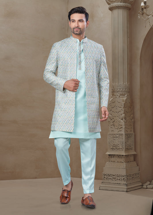 Ensemble Kurta bleu ciel avec Veste Sophistiqué à motifs géométriques multicolores pastels