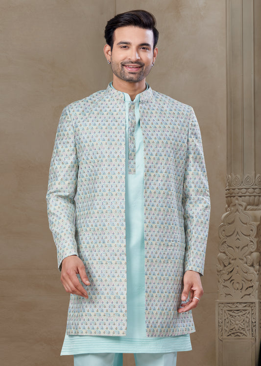 Ensemble Kurta bleu ciel avec Veste Sophistiqué à motifs géométriques multicolores pastels