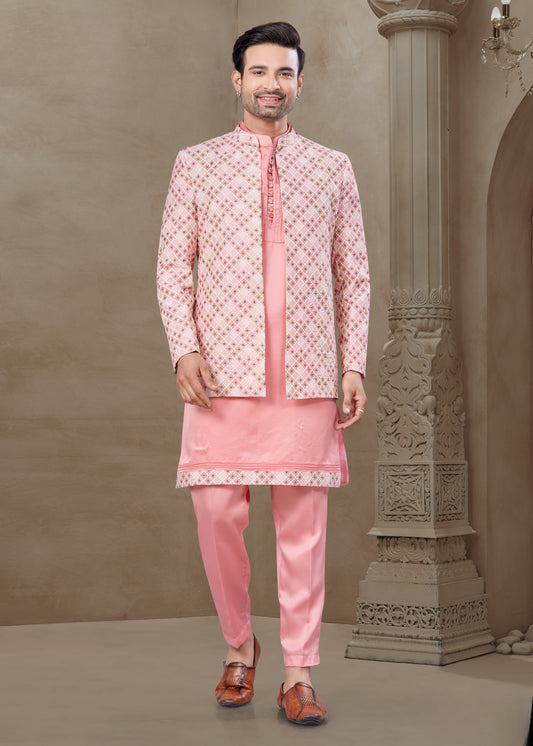 Ensemble Kurta rose saumon avec Veste Sophistiqué à motifs losanges roses traditionnels
