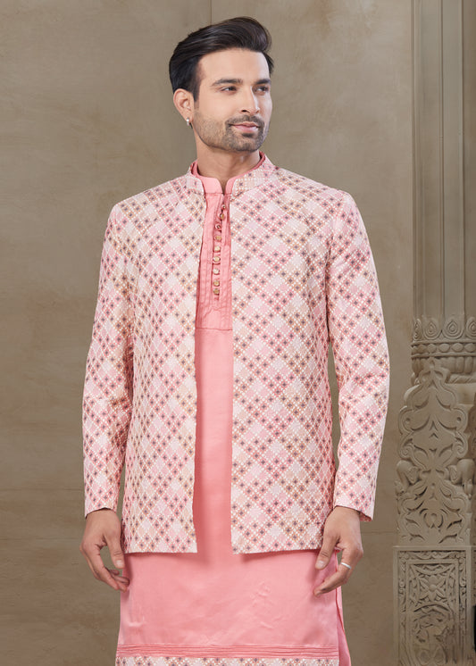 Ensemble Kurta rose saumon avec Veste Sophistiqué à motifs losanges roses traditionnels