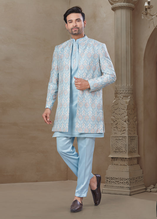 Ensemble Kurta bleu ciel avec Veste Sophistiqué à motifs traditionnels clairs