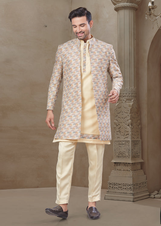 Ensemble Kurta jaune clair avec Veste Sophistiqué à motifs colorés