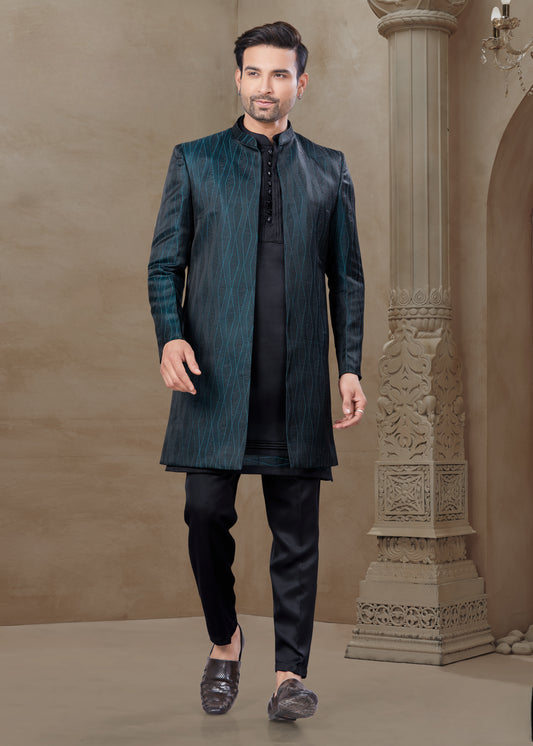 Ensemble Kurta noir avec Veste noire et bleue sarcelle Sophistiqué à détails mi-longue
