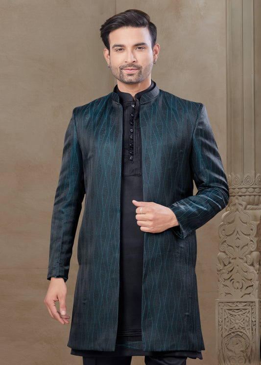 Ensemble Kurta noir avec Veste noire et bleue sarcelle Sophistiqué à détails mi-longue