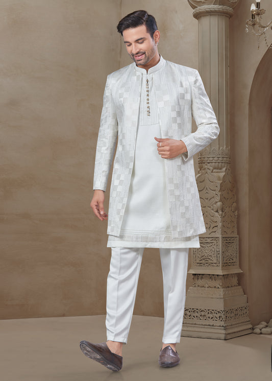 Ensemble Kurta blanc uni avec Veste Sophistiqué à détails géométriques mi-longue