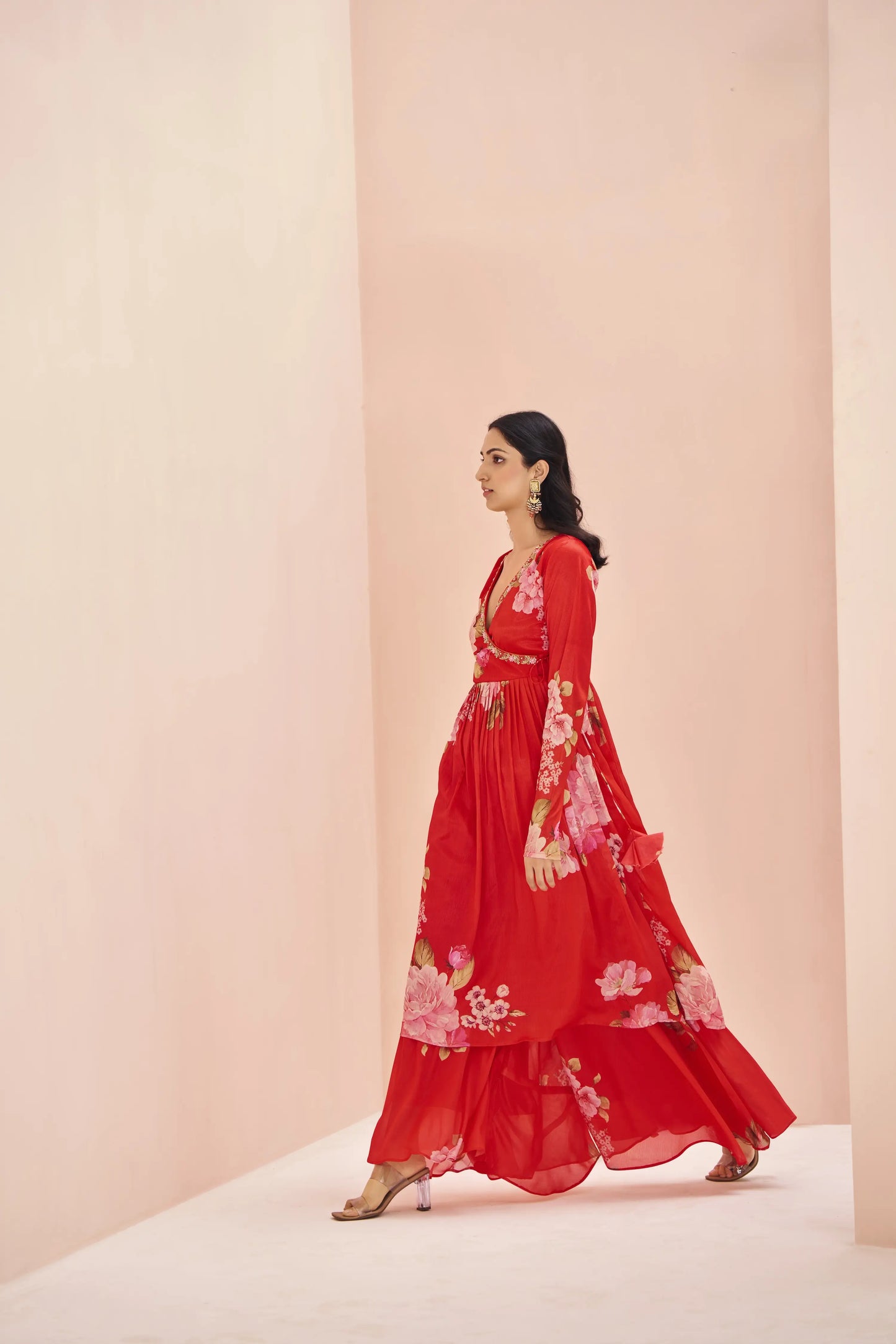 Ensemble Palazzo Rouge en Chinon Imprimé avec Broderie Artisanale