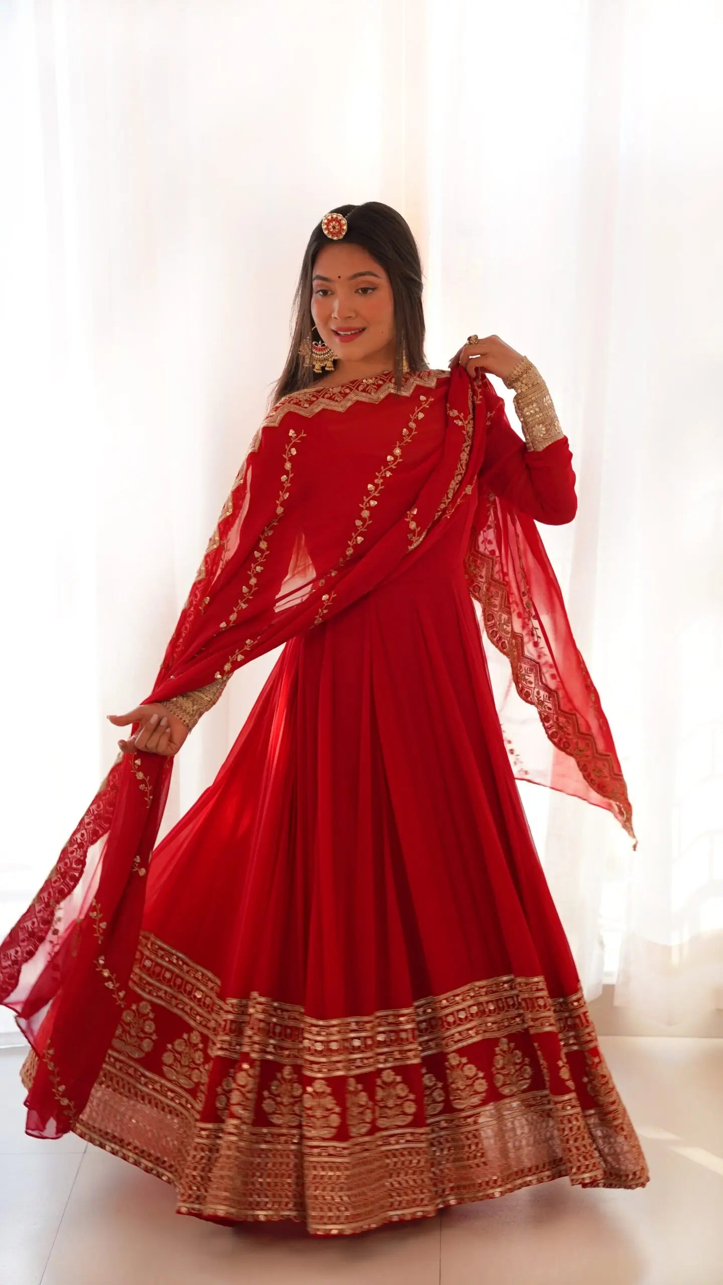Red georgette dress with embroidery and dupatta