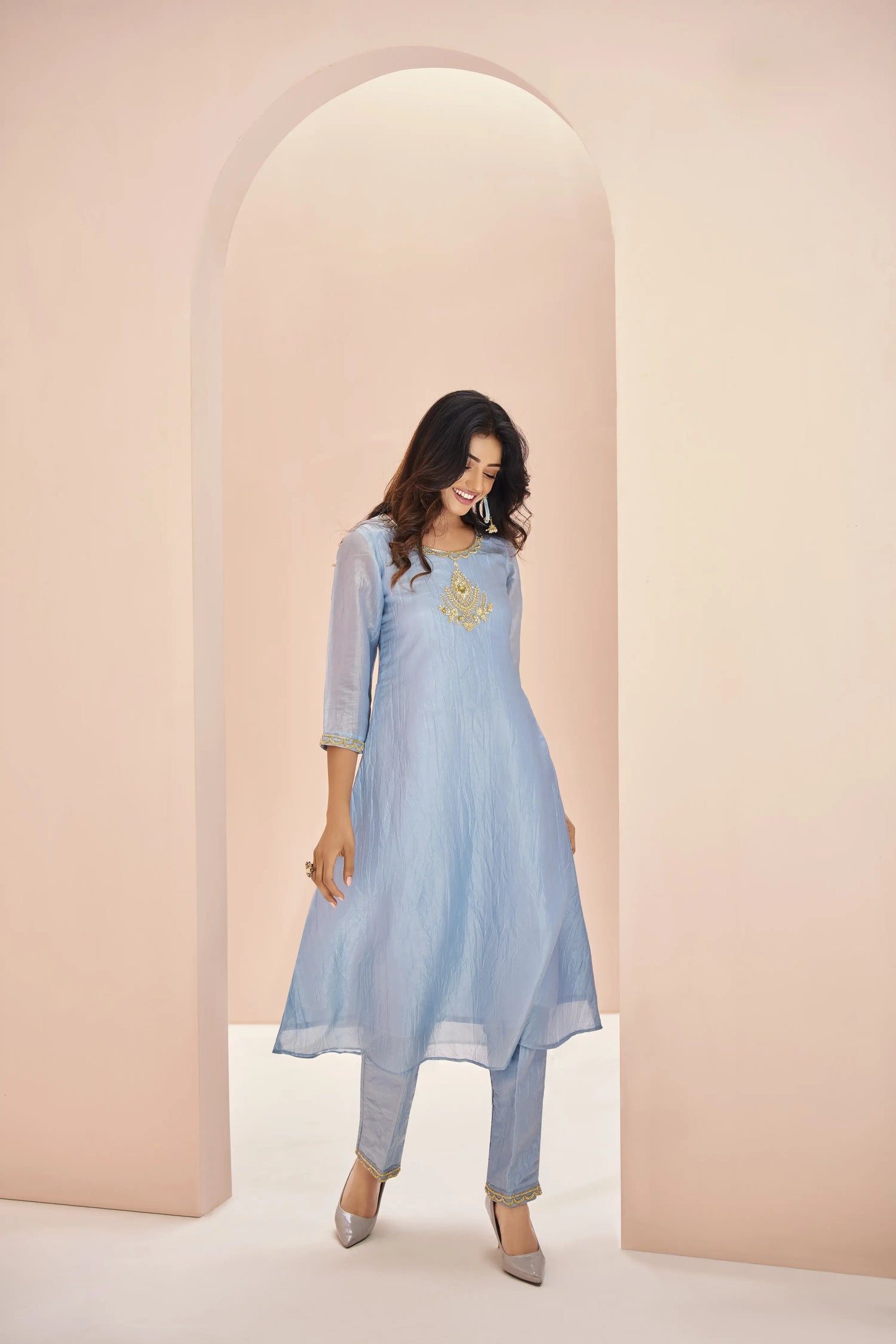 Salwar kameez en organza bleu-vert