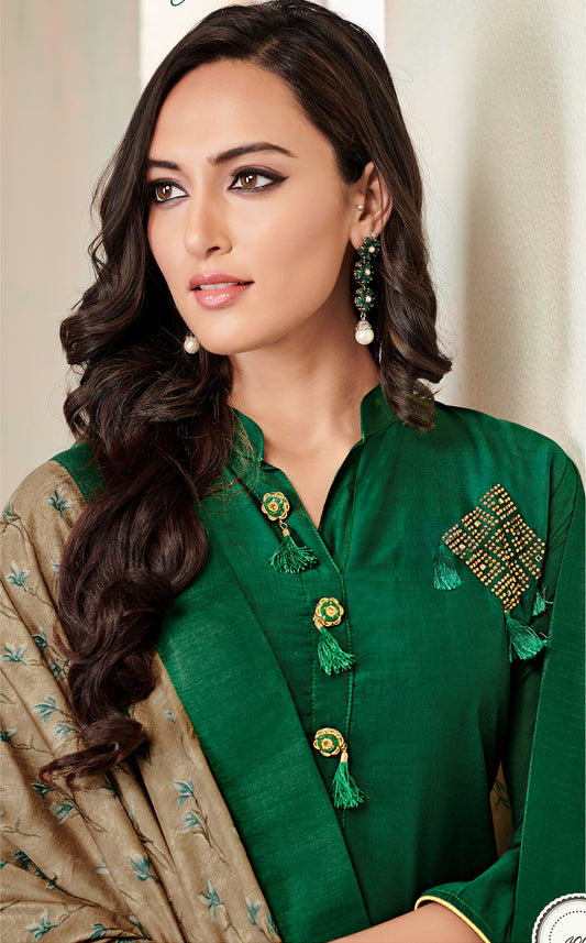 Ensemble Kurta long avec dupatta et poches élégant vert émeraude