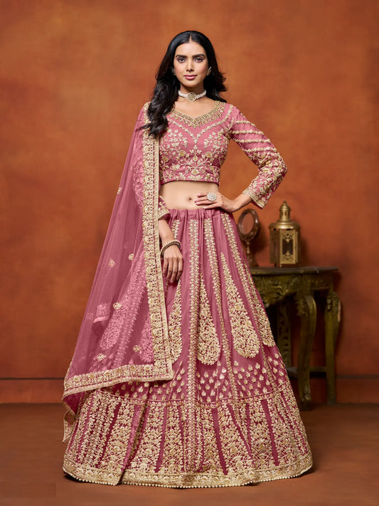 Lehenga Choli rose clair en filet avec broderie en fils et sequins