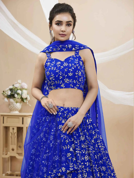 Lehenga Georgette Bleu Royal avec Broderie en Sequins et Zari