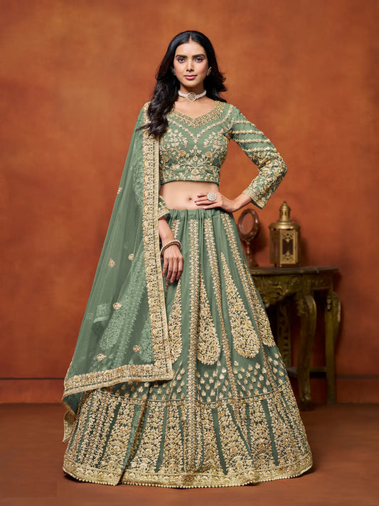 Lehenga choli en filet vert pistache avec broderie en fils et sequins